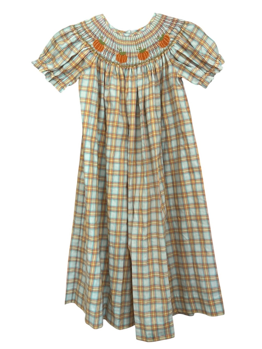 NWT Three Sisters Smocked Pumpkin Plaid Bishop Dress Girl Size 7
